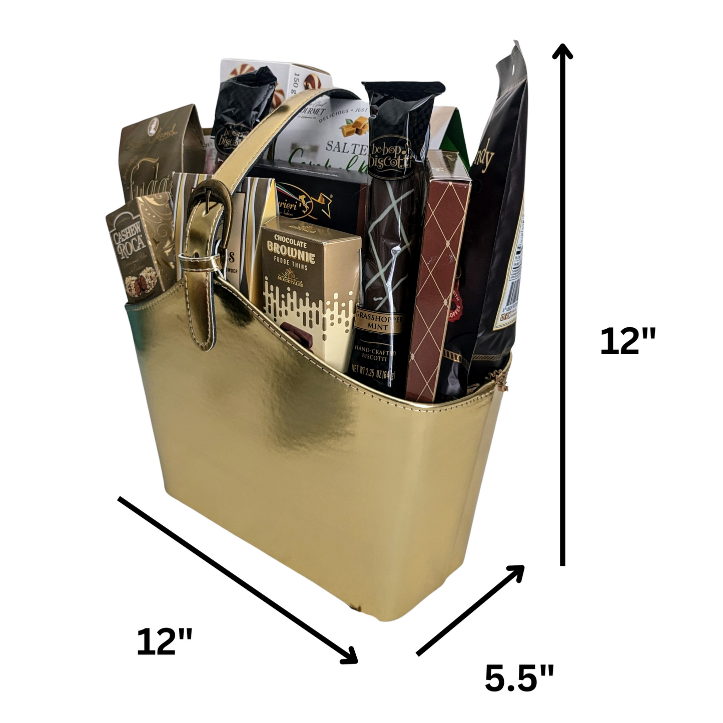 Golden Gourmet - Elegant Golden Faux Leather Tote with Chocolates & Cookies
