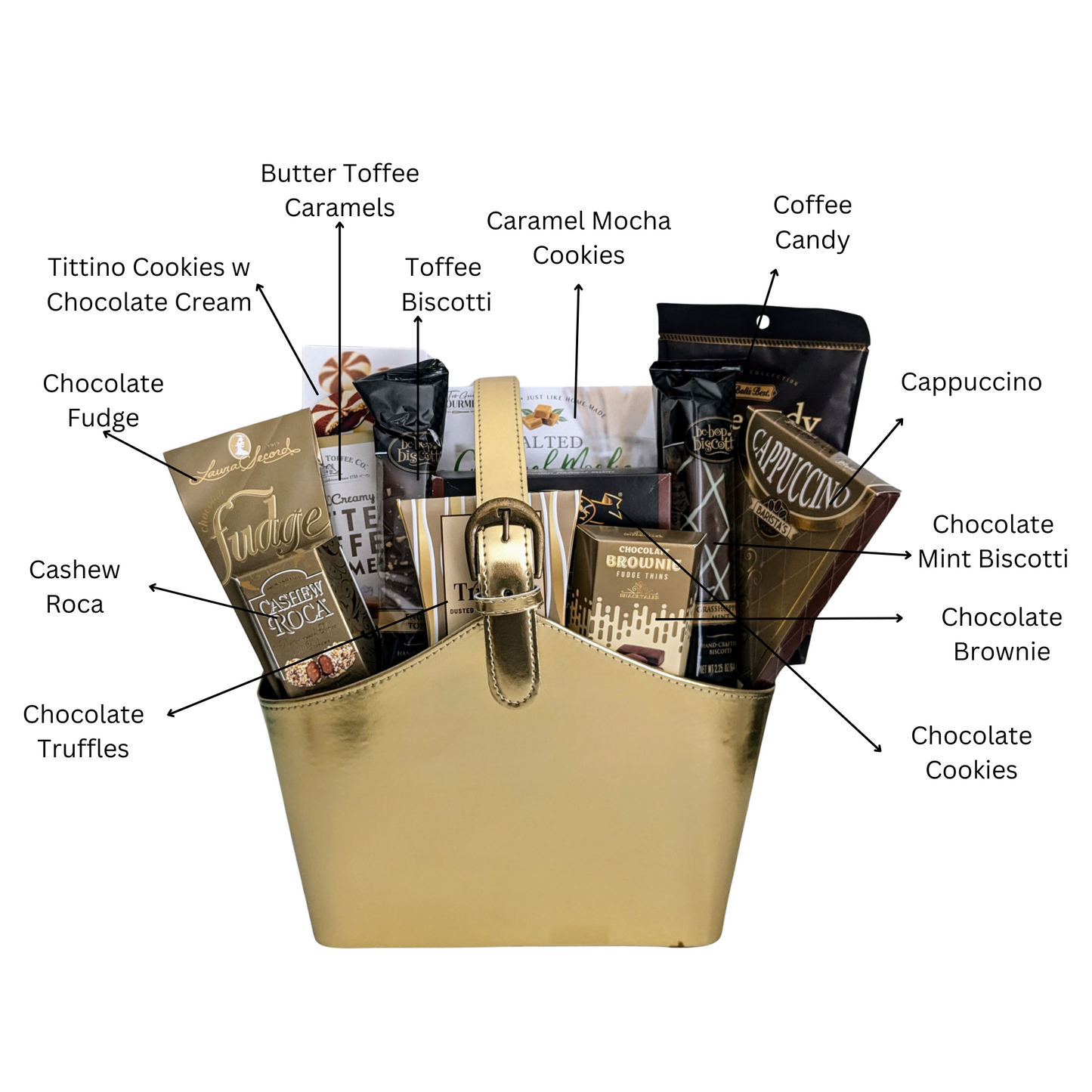 Golden Gourmet - Elegant Golden Faux Leather Tote with Chocolates & Cookies