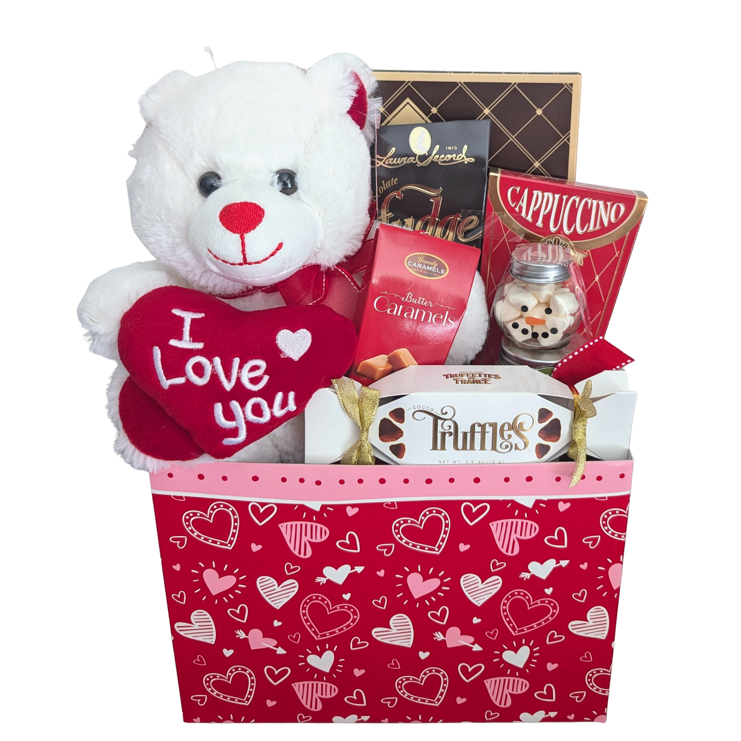 Heartfelt Chocolates & Cookies Gift Basket with Plush Bear holding "I Love you" Heart - Valentines Day Gifts