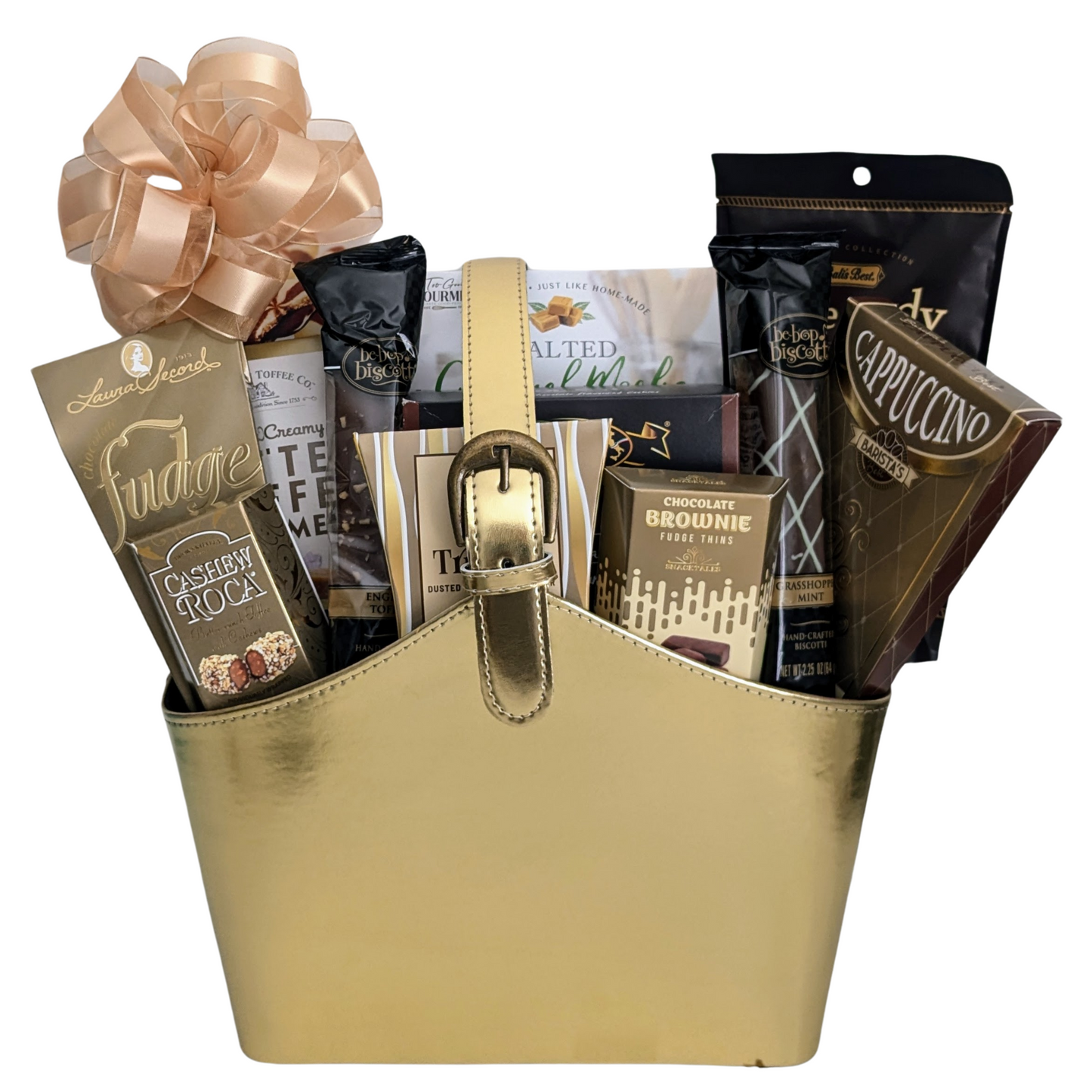 Golden Gourmet - Elegant Golden Faux Leather Tote with Chocolates & Cookies