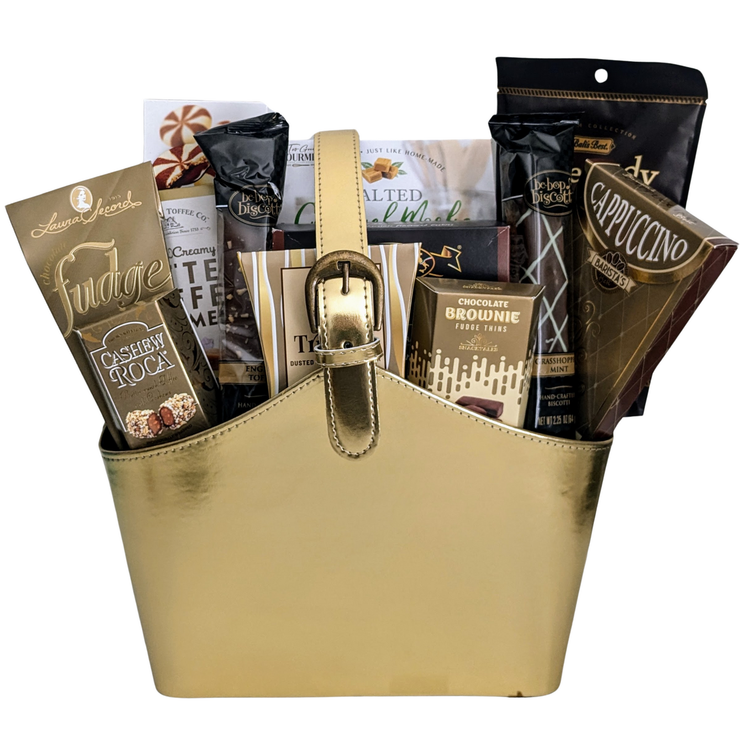 Golden Gourmet - Elegant Golden Faux Leather Tote with Chocolates & Cookies