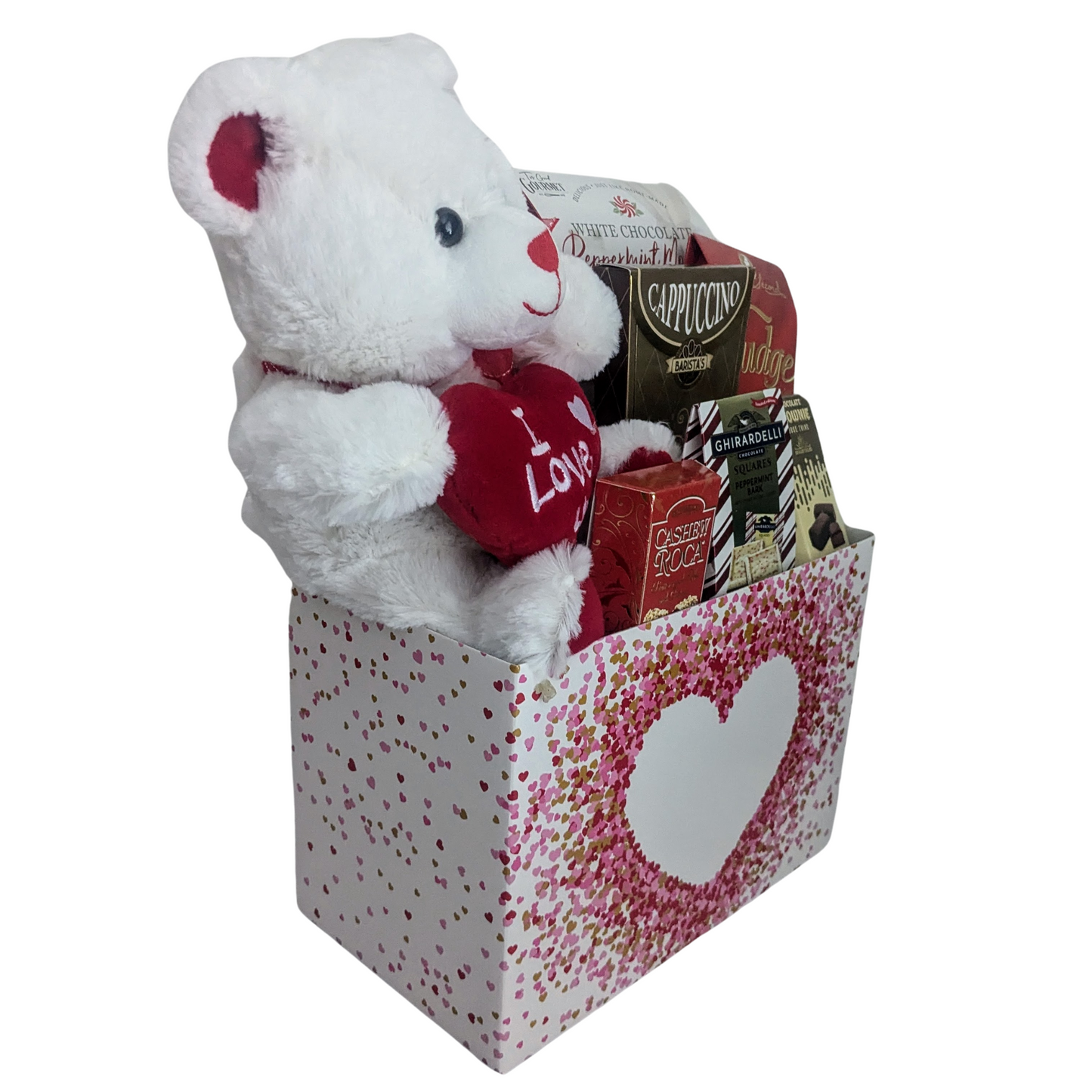 Heart themed Chocolates & Cookies Gift Basket with "I Love you" Teddy - Valentine's Day, All Occasion