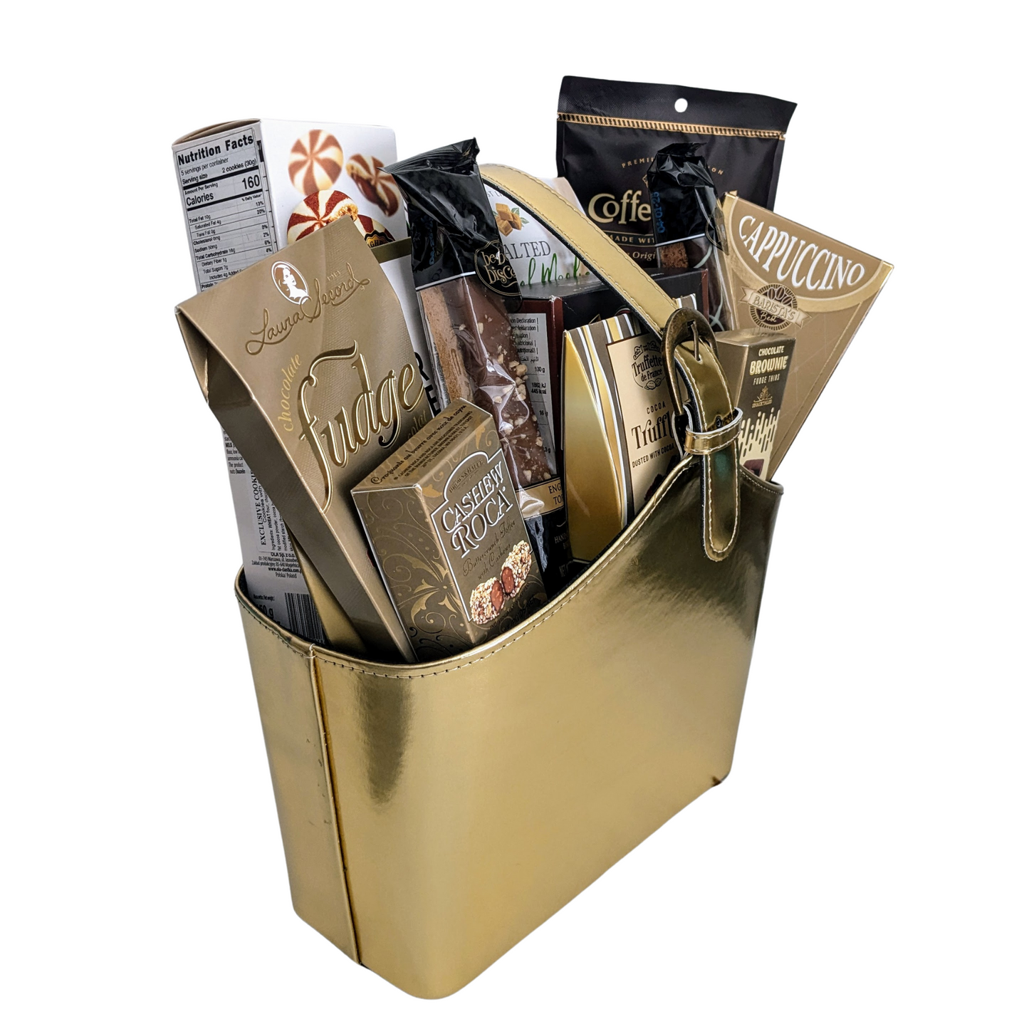 Golden Gourmet - Elegant Golden Faux Leather Tote with Chocolates & Cookies