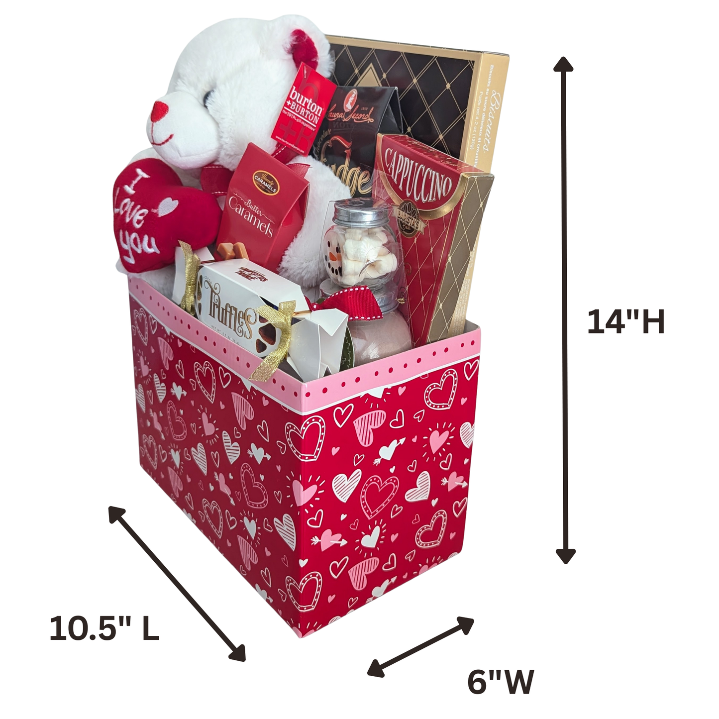 Heartfelt Chocolates & Cookies Gift Basket with Plush Bear holding "I Love you" Heart - Valentines Day Gifts