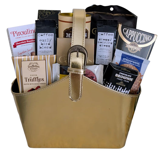 Golden Gourmet - Elegant Golden Faux Leather Tote with Chocolates & Cookies