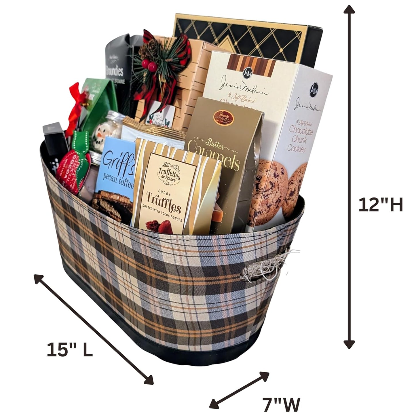 Assorted Chocolates & Cookies Plaid Gift Basket for Thanksgiving, Christmas & Holidays
