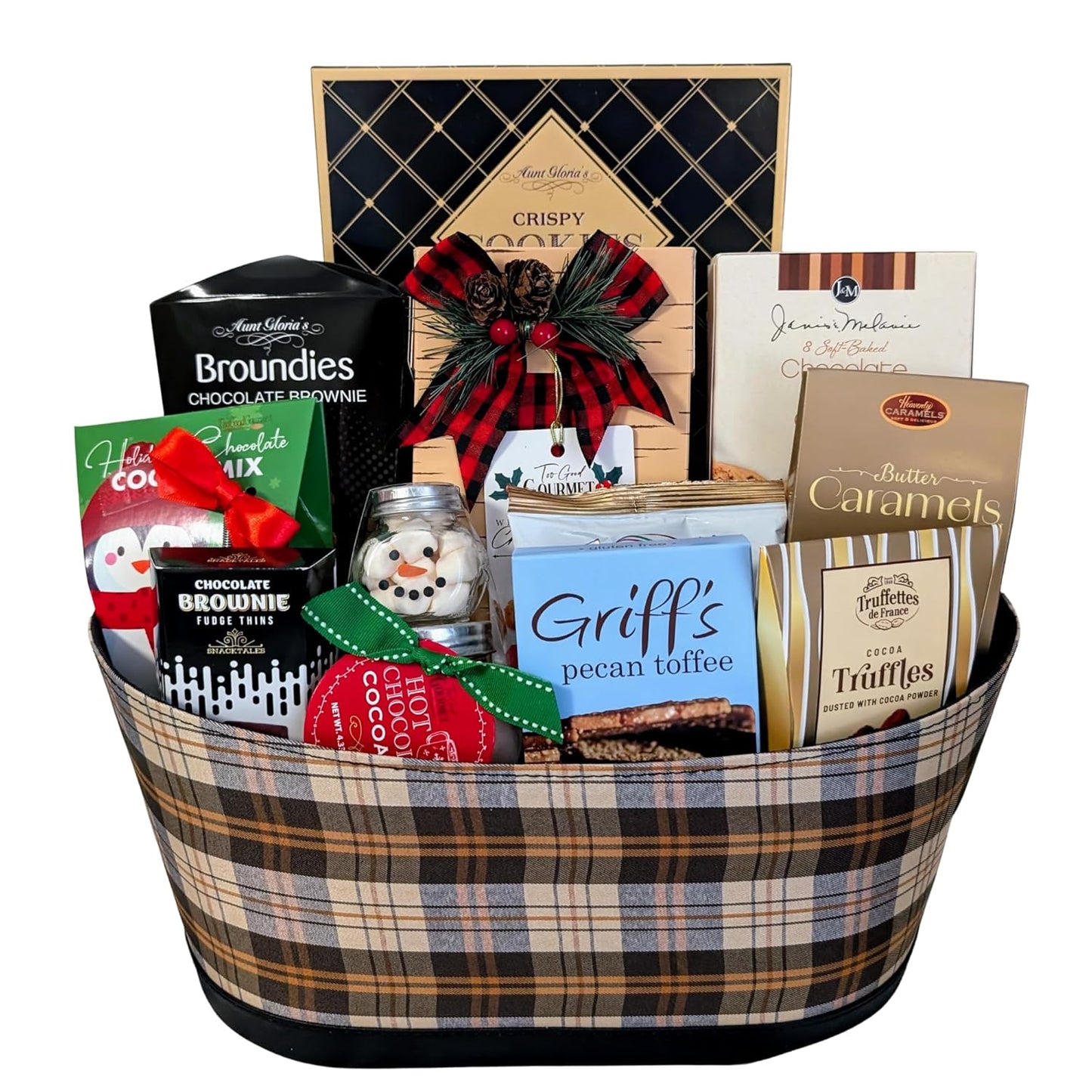 Assorted Chocolates & Cookies Plaid Gift Basket for Thanksgiving, Christmas & Holidays