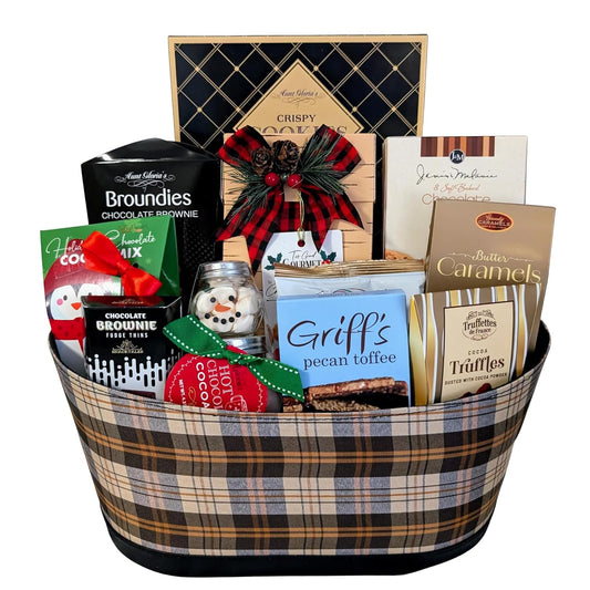 Assorted Chocolates & Cookies Plaid Gift Basket for Thanksgiving, Christmas & Holidays