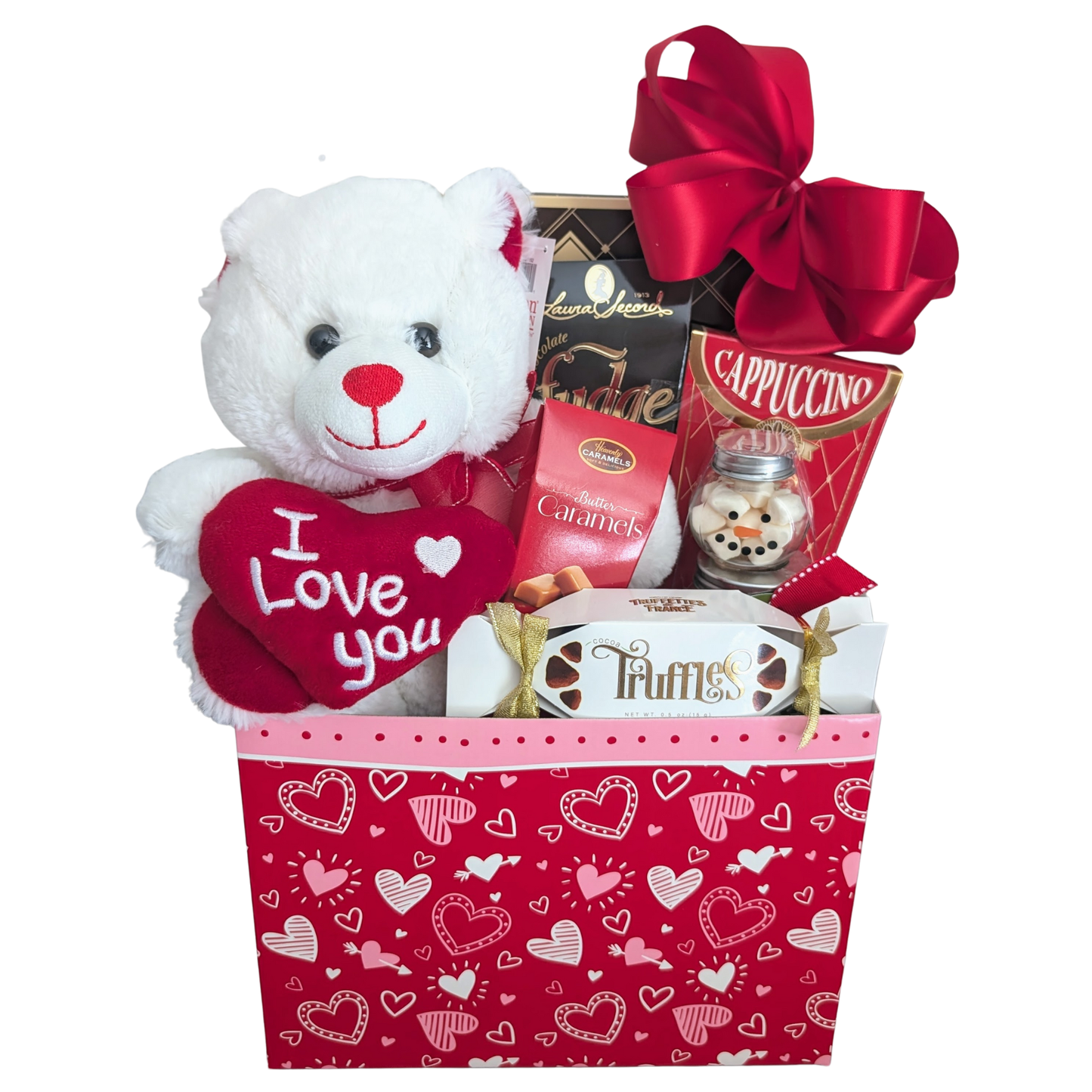 Heartfelt Chocolates & Cookies Gift Basket with Plush Bear holding "I Love you" Heart - Valentines Day Gifts