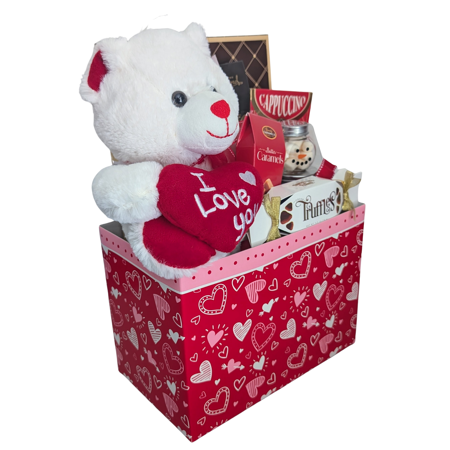 Heartfelt Chocolates & Cookies Gift Basket with Plush Bear holding "I Love you" Heart - Valentines Day Gifts