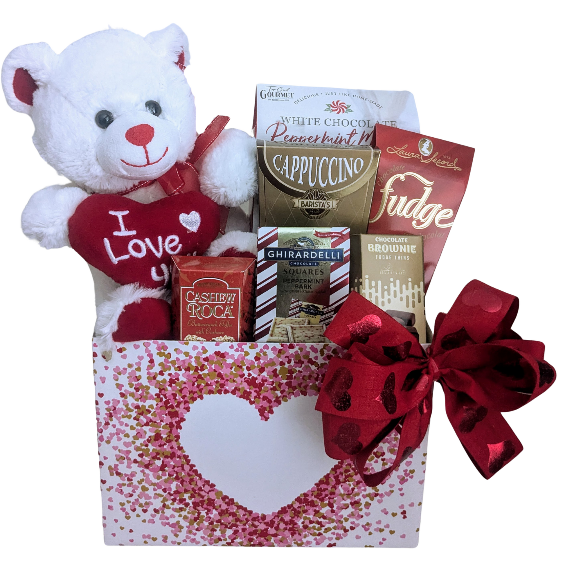 Heart themed Chocolates Cookies Gift Basket with