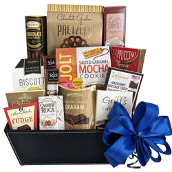 Faux Leather Gift Basket with Assorted Chocolates, Cookies & Gourmet Snacks