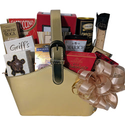 Golden Gourmet - Elegant Golden Faux Leather Tote with Chocolates & Cookies