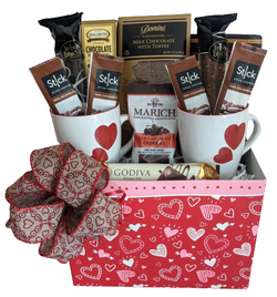 Chocolate Gift Basket with Heart Mugs - Anniversary, Engagement, Wedding Gifts