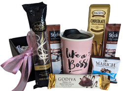 Like a Boss Gift Basket with Travel Mug, Coffee, Chocolates for Birthday Congratulations, Thank You, All Occasions